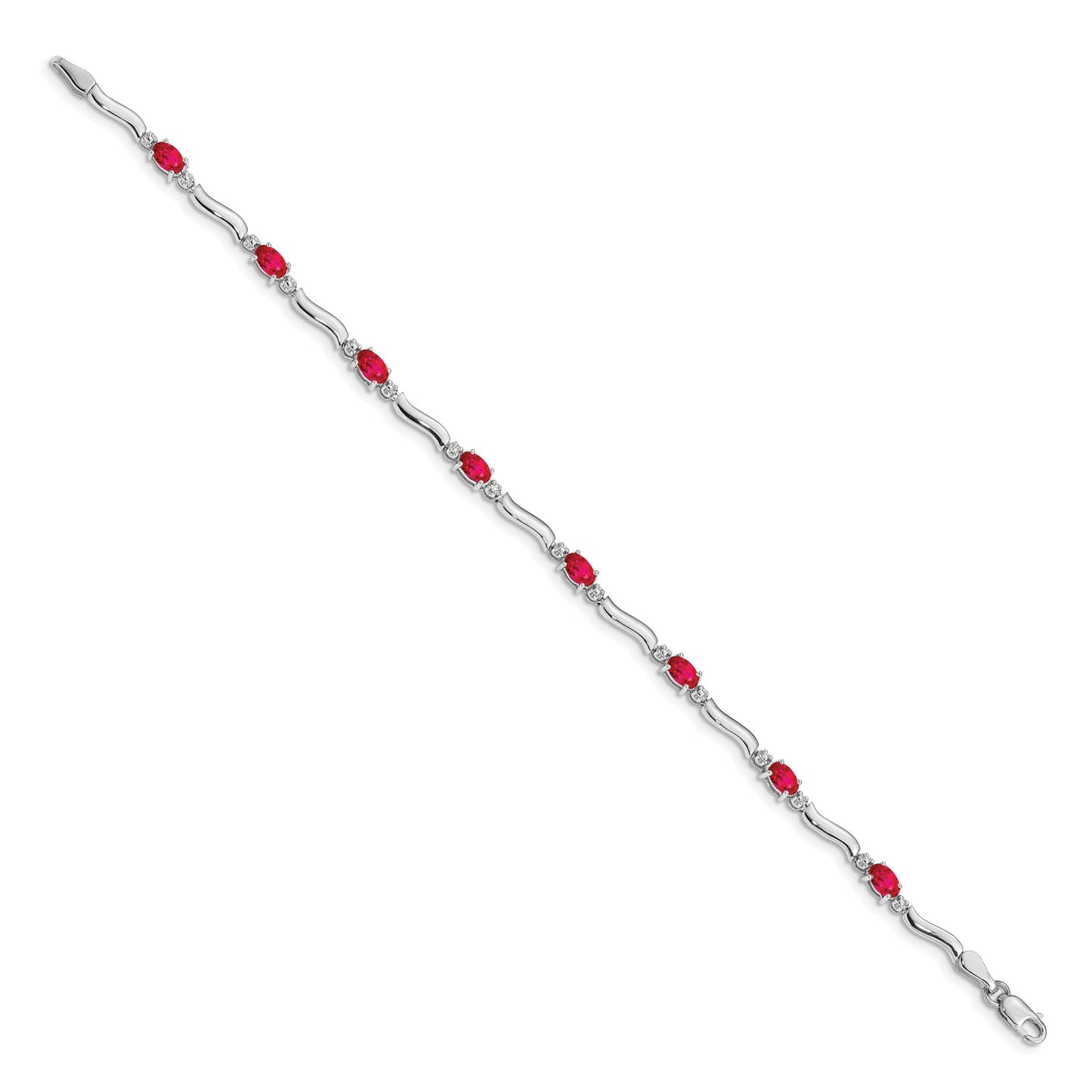 Oval Red Ruby & Diamond Prong 14K White Gold Wave Link Bracelet