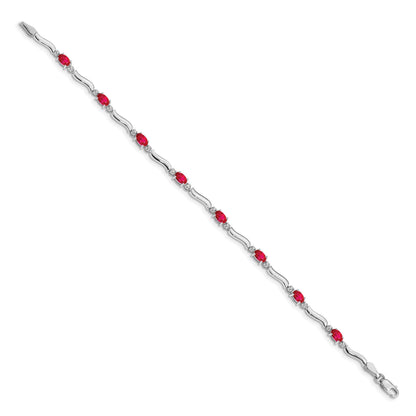 Oval Red Ruby & Diamond Prong 14K White Gold Wave Link Bracelet