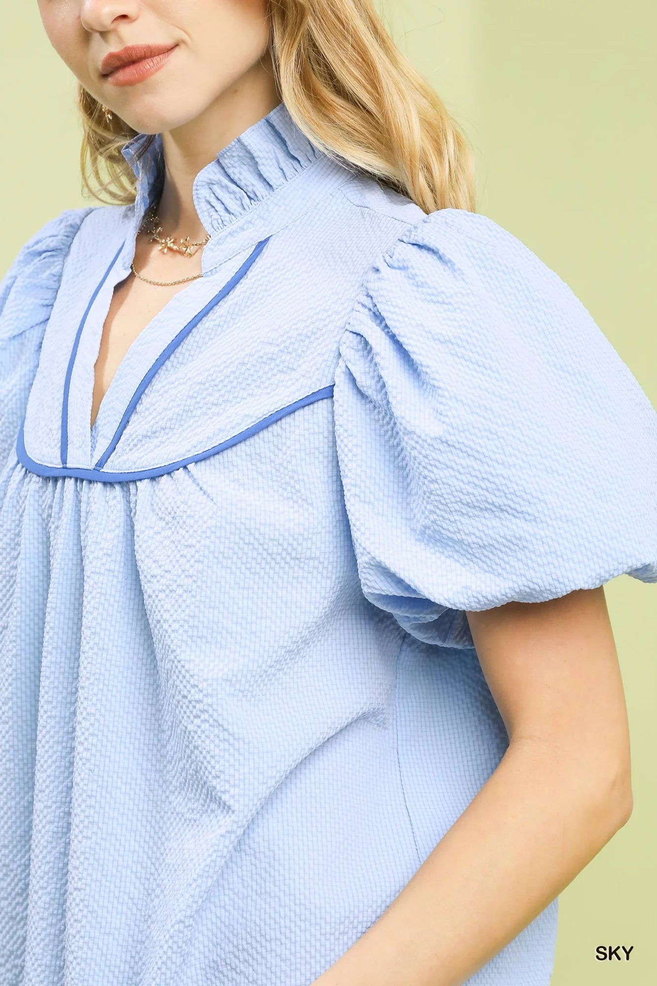 Umgee Textured Puff Sleeve Blouse in Sky