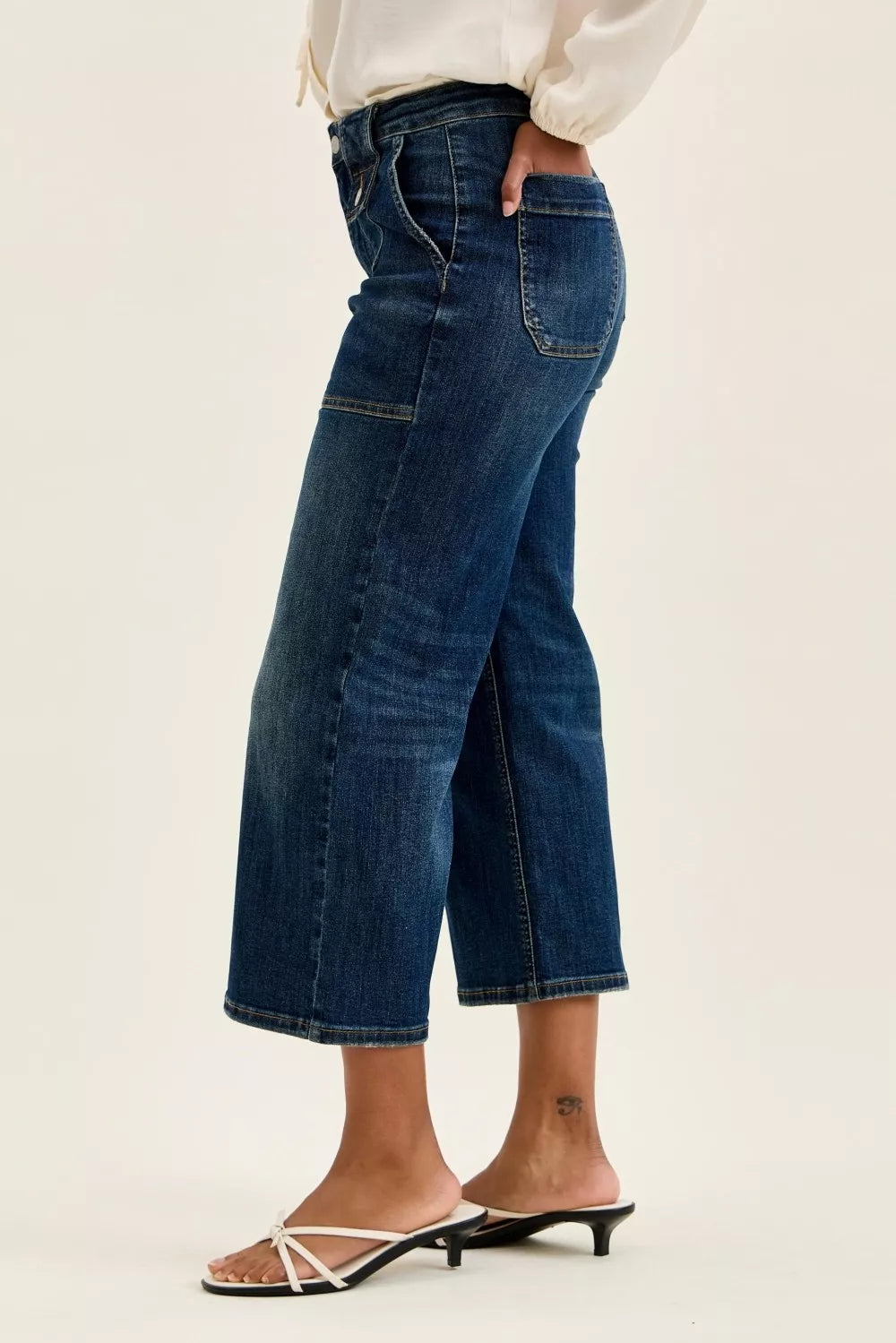 Judy Blue High Waist Wide Crop Utility Jeans with Patch Pocket