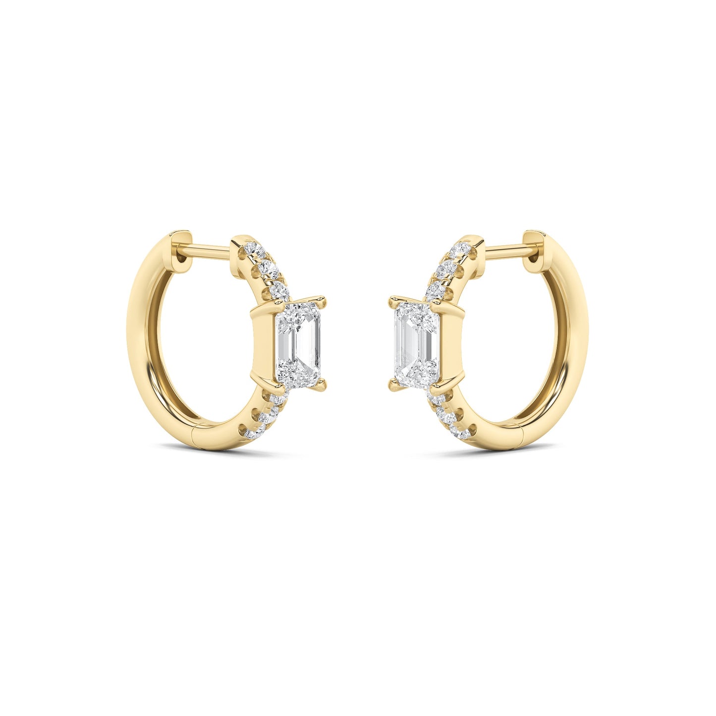 1.5Cttw Emerald Shaped Lab Grown Diamond (F/VS) Accented Huggie Earrings in 14K Yellow Gold