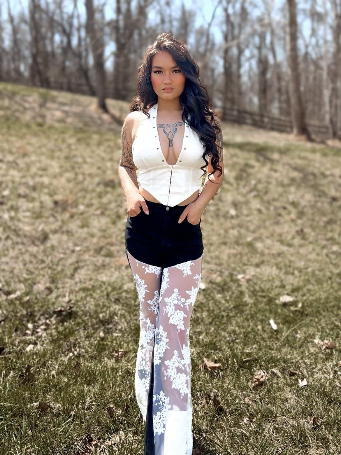 GJG Denim Floral Lace Bell Bottom Jean