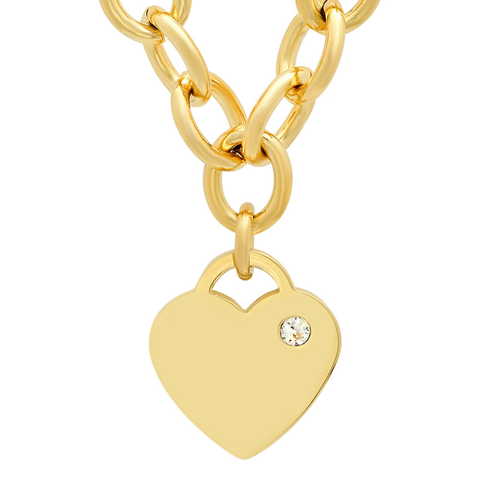 18KT Gold Plated Stainless Steel Rolo Heart Necklace Adorned With Swarovski Crystals