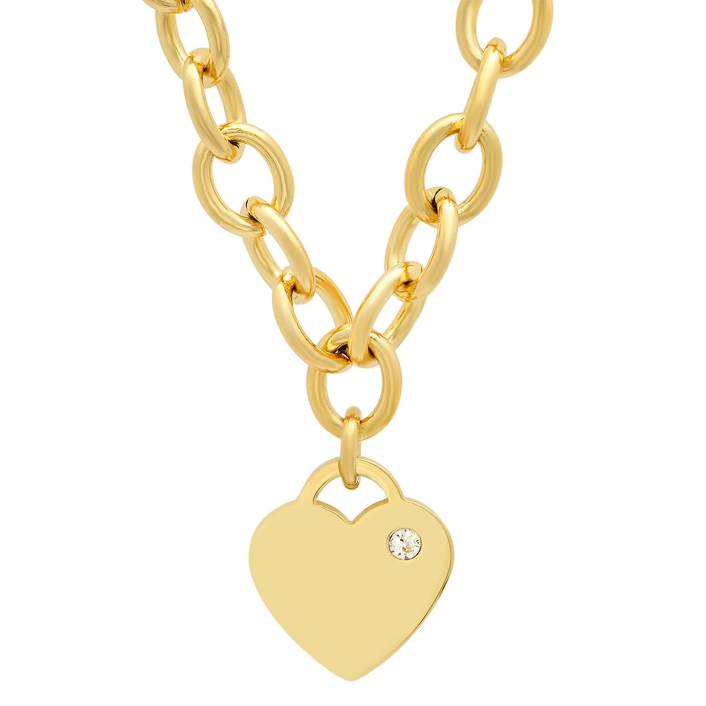 18KT Gold Plated Stainless Steel Rolo Heart Necklace Adorned With Swarovski Crystals
