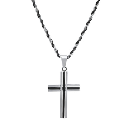 Two Tone Black Ip And Stainless Steel Cross Pendant