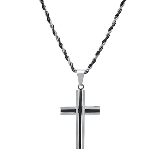 Two Tone Black Ip And Stainless Steel Cross Pendant