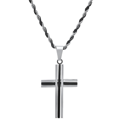 Two Tone Black Ip And Stainless Steel Cross Pendant