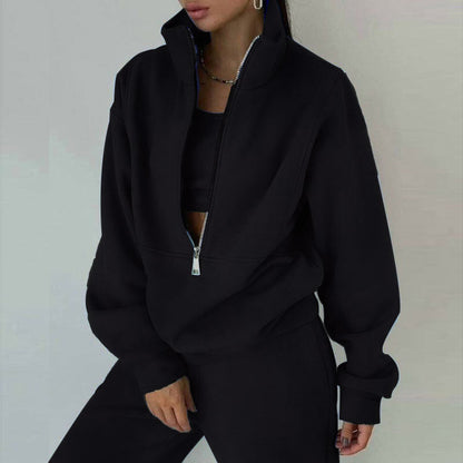 Women's Full-Zip Cropped Sweatshirt & Wide-Leg Pants Fleece Two-Piece Set