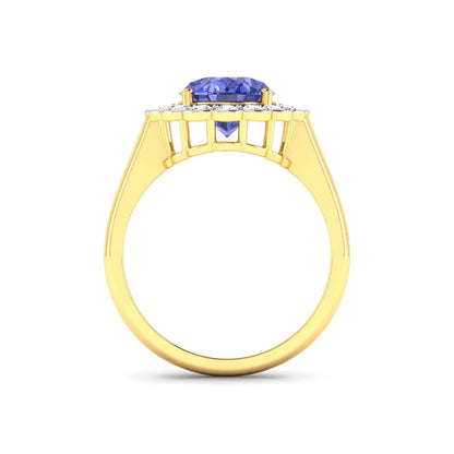 2.69 Ct Oval Violet Tanzanite and White Diamond Prong 14k Gold Halo Statement Floral Ring