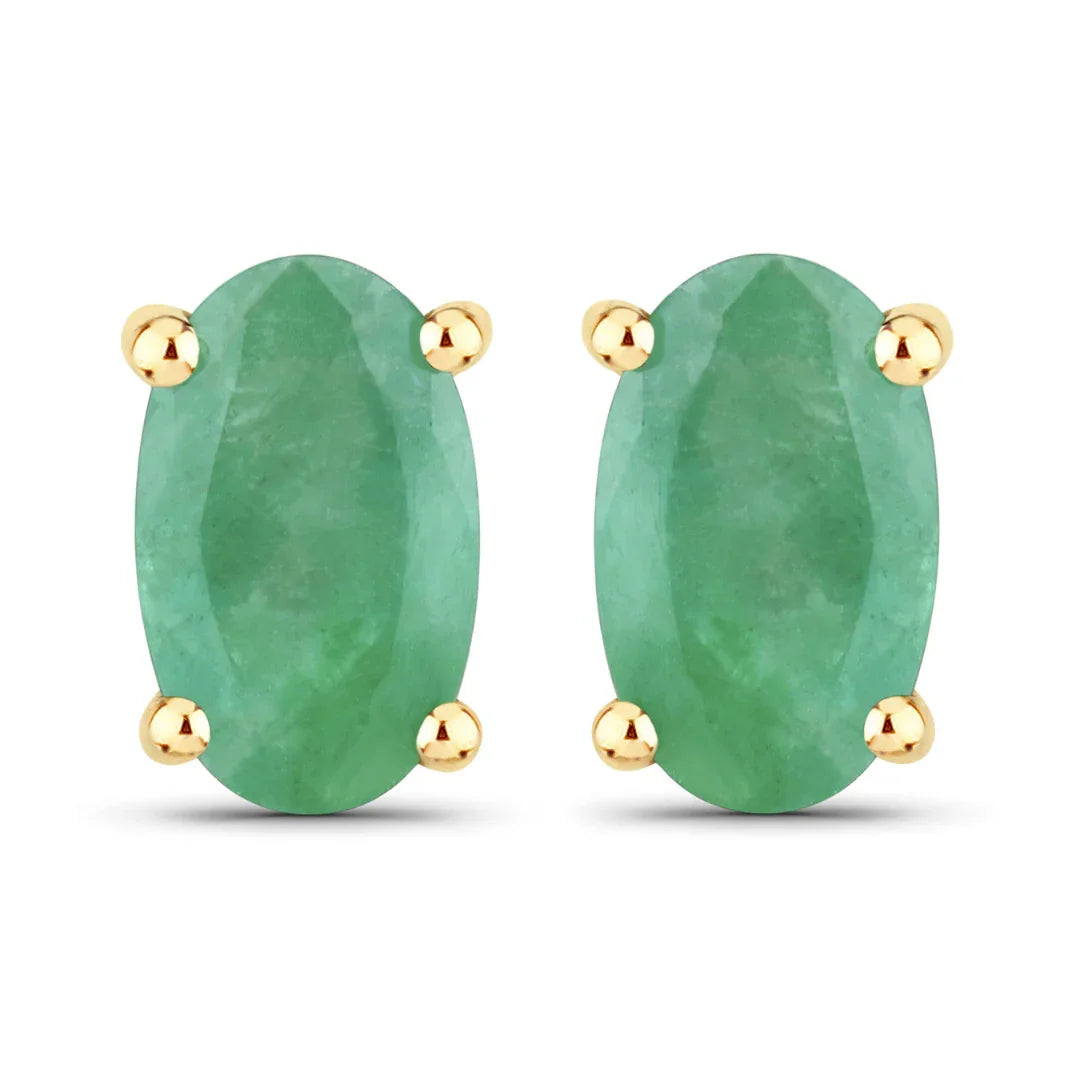 0.38 Ct Oval Green Zambian Emerald Prong 10K Gold Stud Earrings