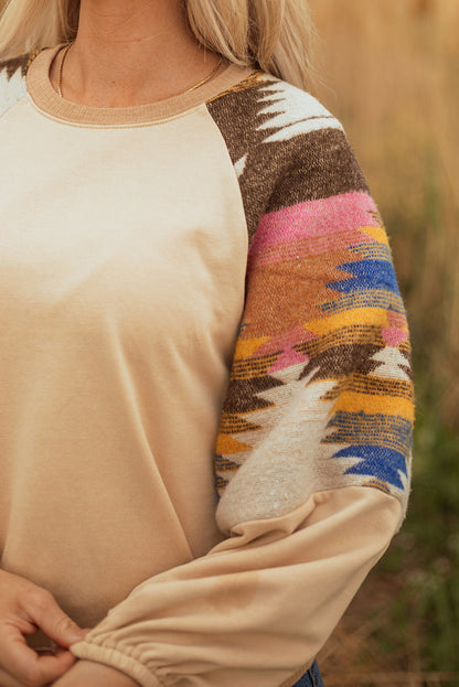 Threaded Pear Logan Aztec Patchwork Raglan Pullover Sweatshirt