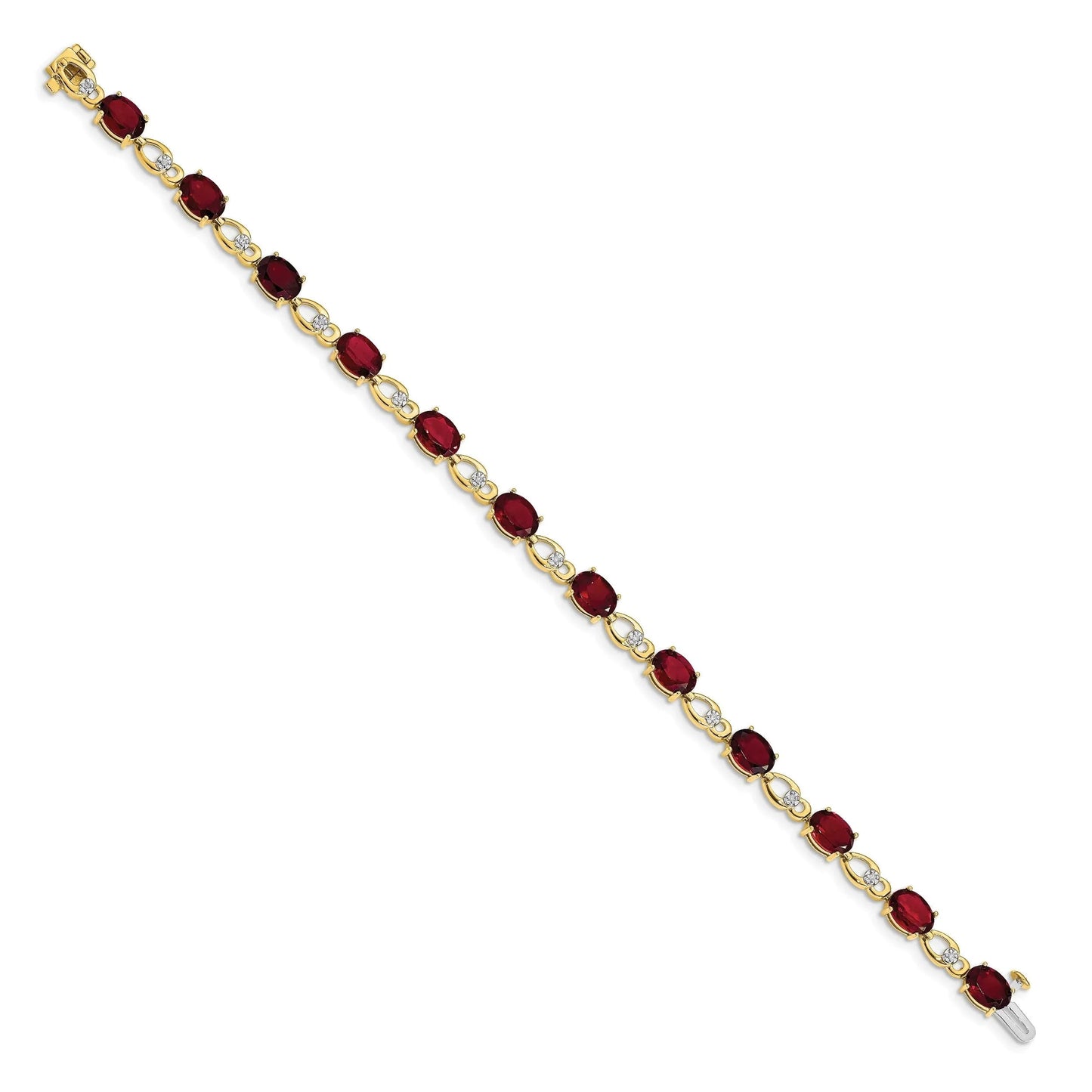 Oval Red Garnet & Diamond Prong 14K Yellow Gold Link Bracelet