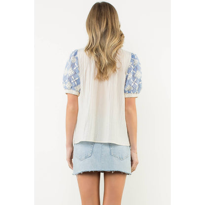 Krysa - Embroidered Yoke Puff Sleeve Crinkle Top