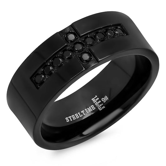 Black IP Band Ring With Simulated Diamond Cross Accent