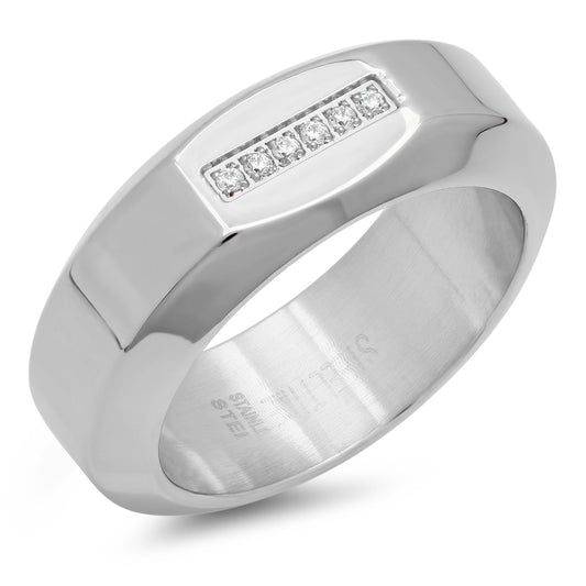 Stainless Steel Band Ring With Simulated Diamonds