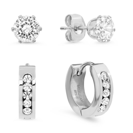 Classic CZ Stud & Crystal Huggie Hoop Earring Set