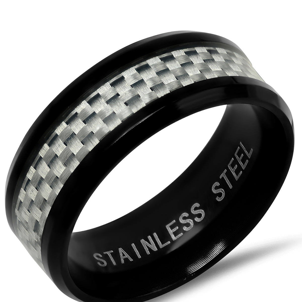Black Ip Stainless Steel and White Carbon Fiber Ring