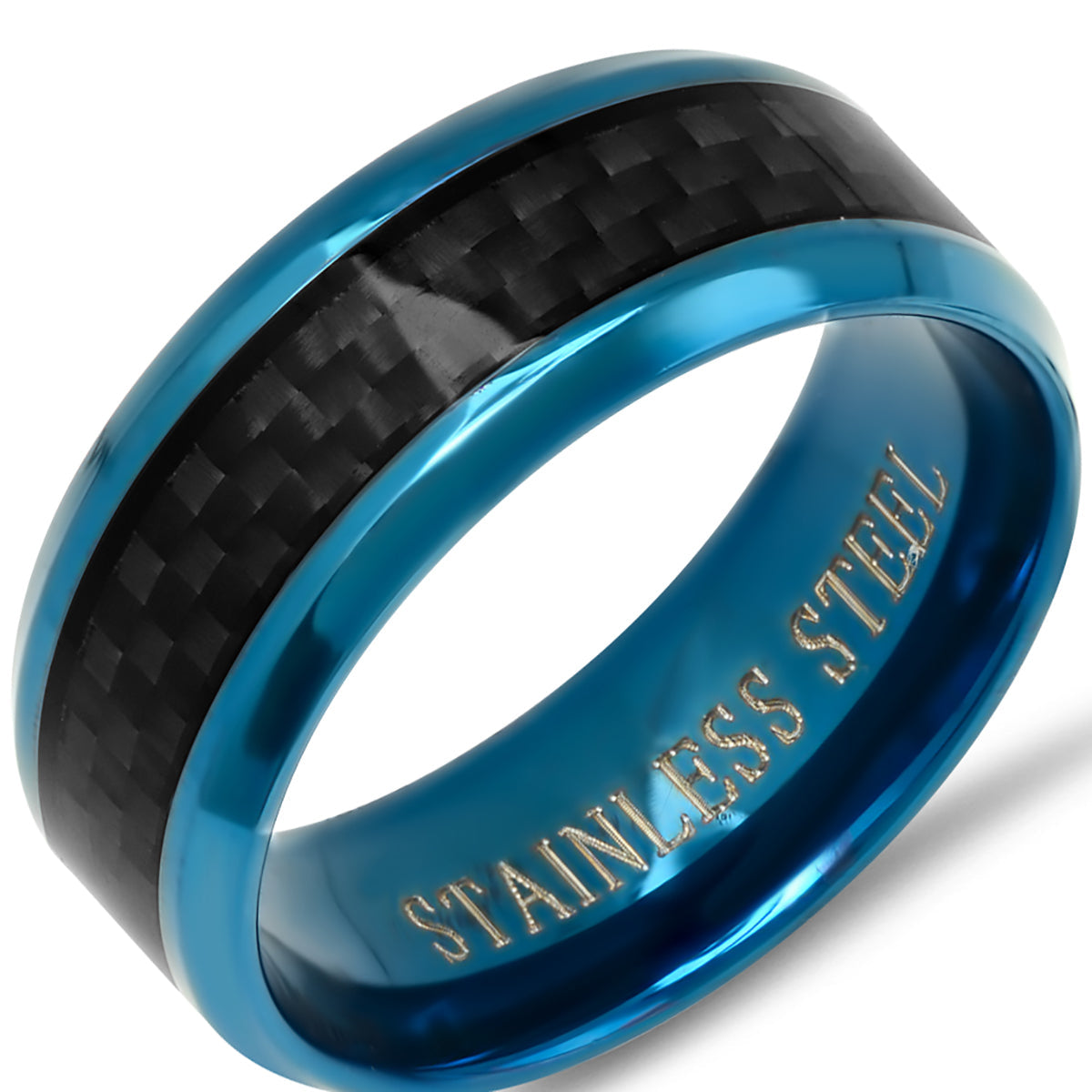 Blue IP Stainless Steel and Black Carbon Fiber Inlay Ring