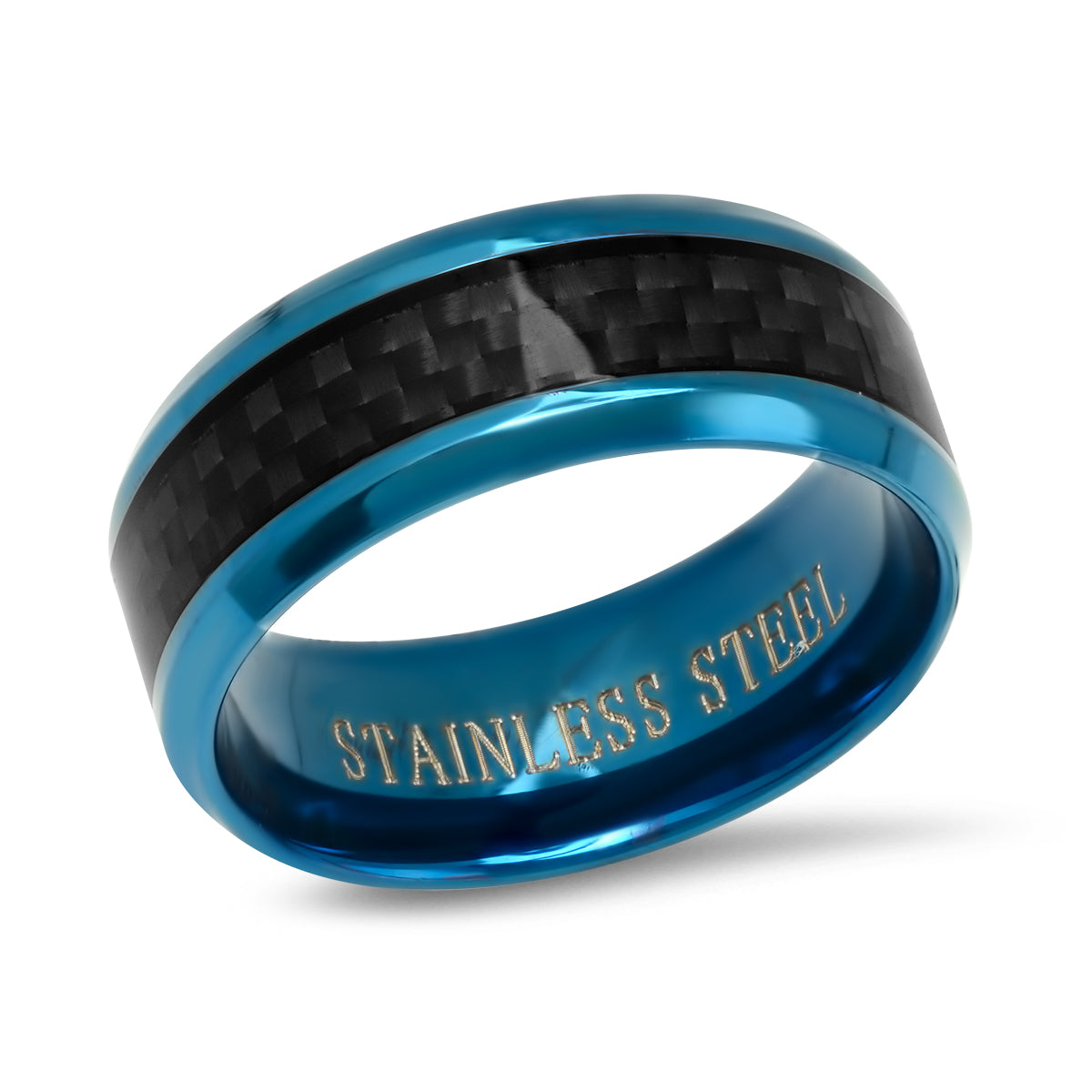 Blue IP Stainless Steel and Black Carbon Fiber Inlay Ring