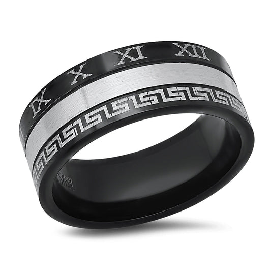 Stainless Steel Band Ring With Greek Key Accents & Roman Numerals