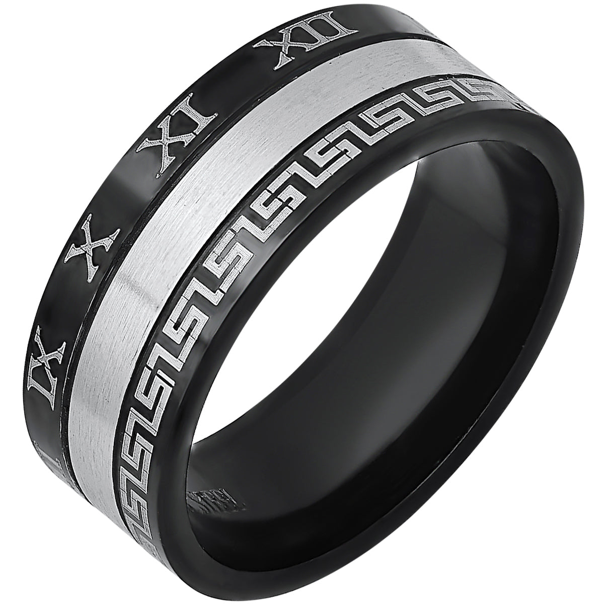 Stainless Steel Band Ring With Greek Key Accents & Roman Numerals