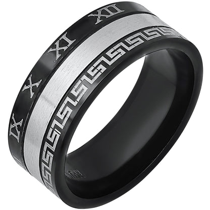 Stainless Steel Band Ring With Greek Key Accents & Roman Numerals