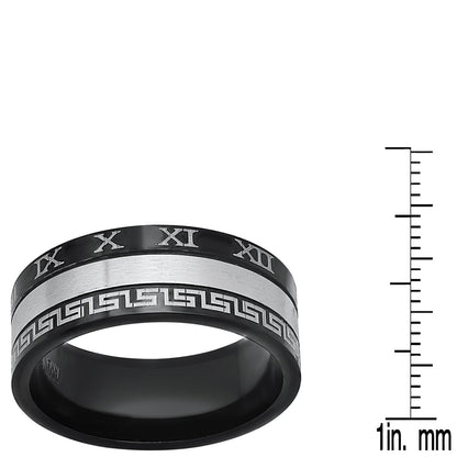 Stainless Steel Band Ring With Greek Key Accents & Roman Numerals