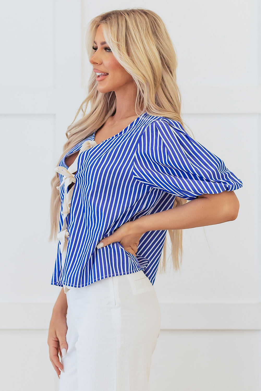 Threaded Pear Dream Stripe Tied Front Blouse