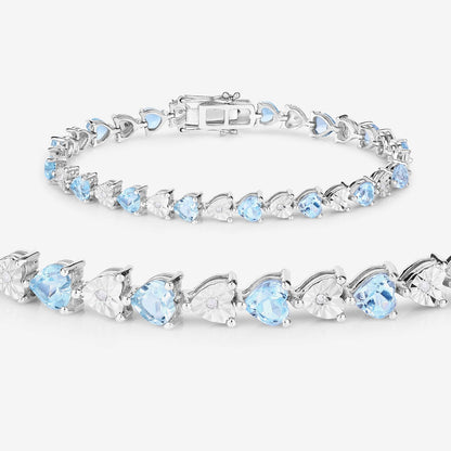 7.50 Ct Heart Blue Topaz & Diamond Prong Silver Tennis Bracelet