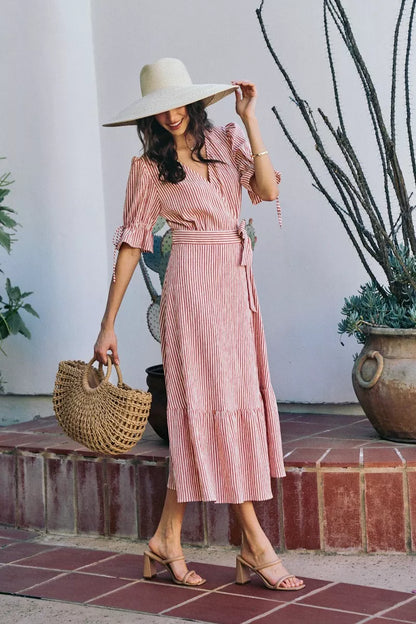 SO ME Stripe Textured Short Sleeves Lined Wrap Midi Dress