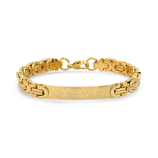 18K Gold Plated Stainless Steel Byzantine Link Our Father English Prayer Id Bracelet