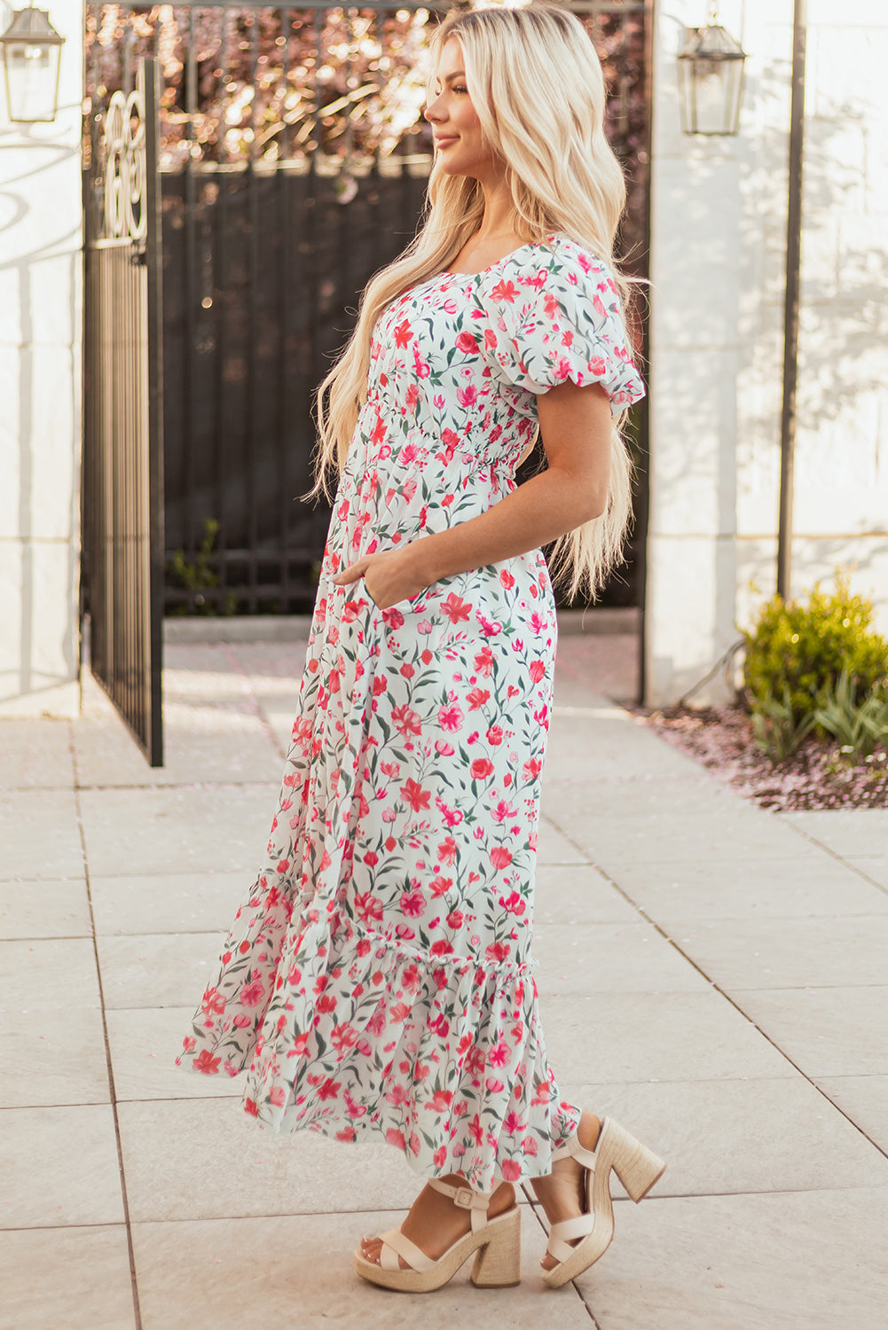 Threaded Pear Molly Floral Square Neck Empire Waist Tiered Maxi Dress