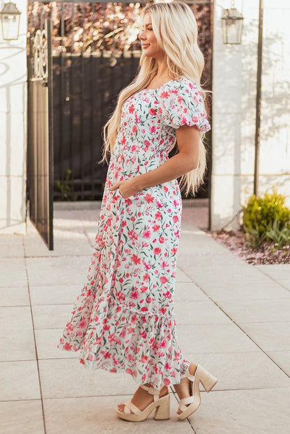 Threaded Pear Molly Floral Square Neck Empire Waist Tiered Maxi Dress