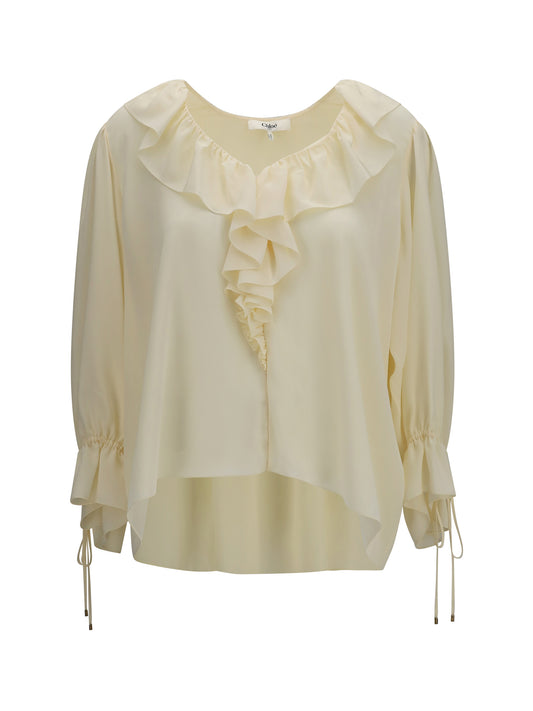 Shirt Ruffled V-Neck Pristine White Silk