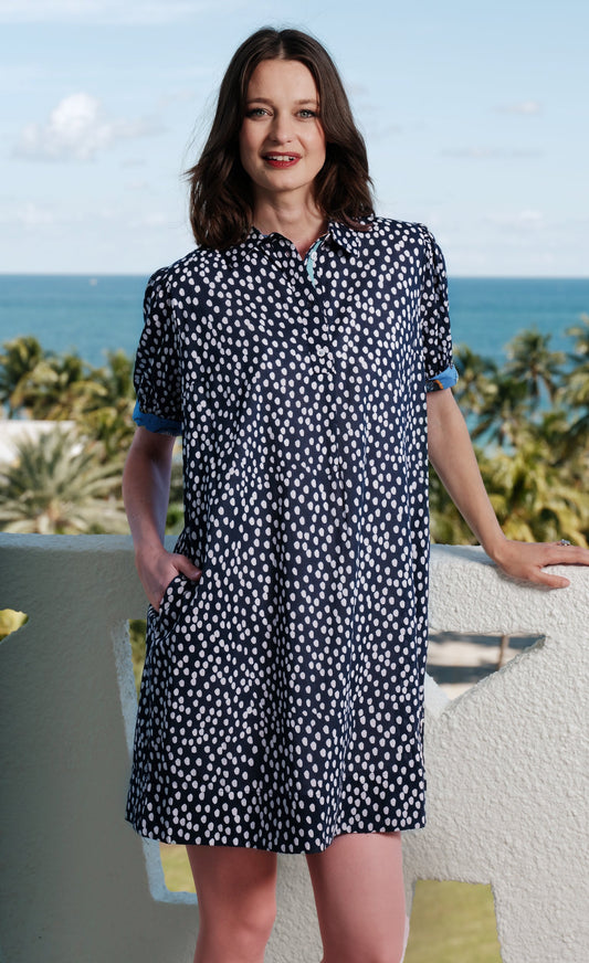Left Bank Puff Sleeve Dress Navy White Polka Dots