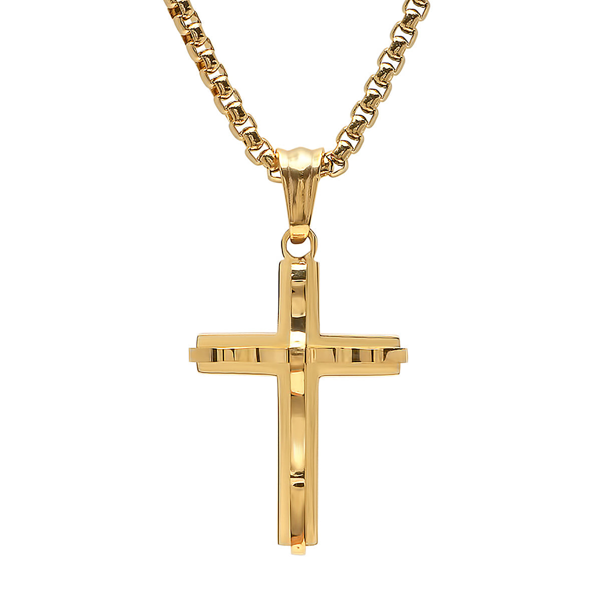 18K Gold Plated Stainless Steel Double Layer Ridged Cross Pendant