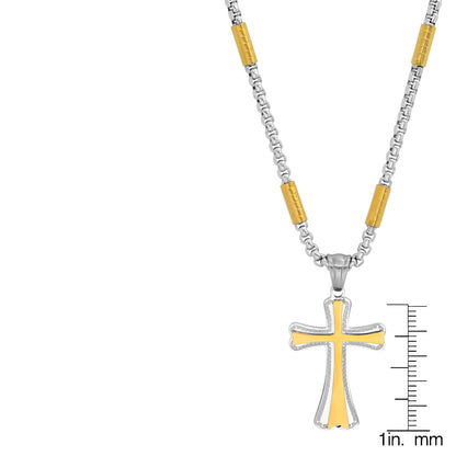 Two Tone Stainless Steel And 18K Gold Plated Tube Link Cross Pendant