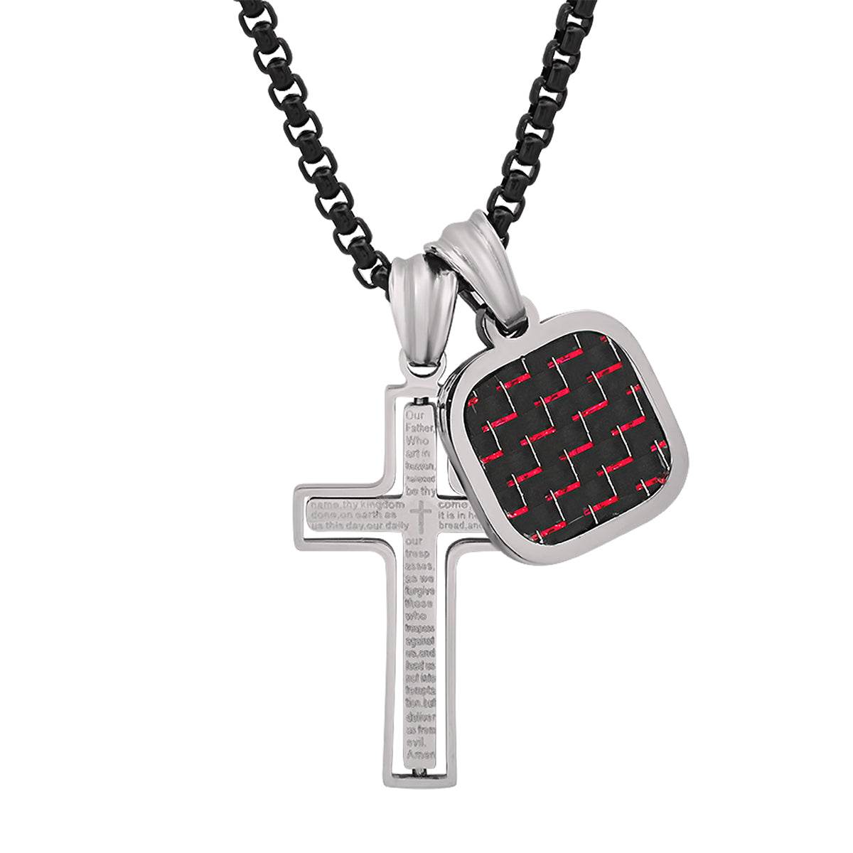 Two Tone Black Ip And Stainless Steel Spinning Lords Prayer Cross And Red/Black Carbon Fiber Dog Tag Pendant