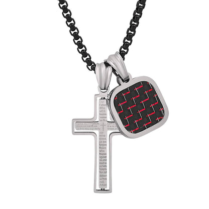 Two Tone Black Ip And Stainless Steel Spinning Lords Prayer Cross And Red/Black Carbon Fiber Dog Tag Pendant