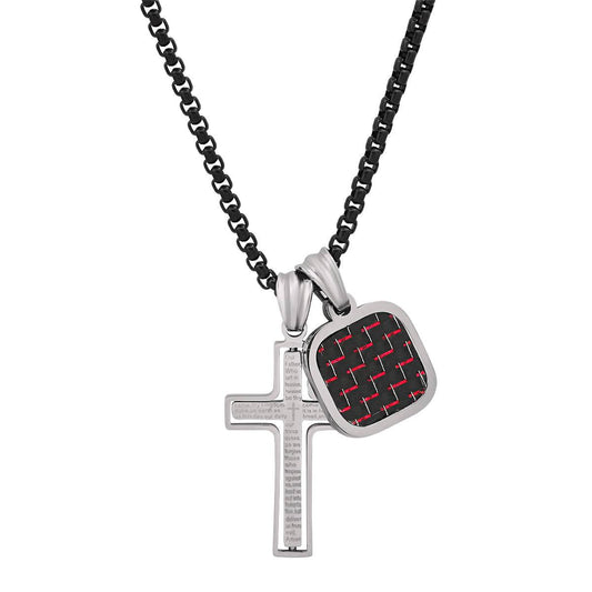 Two Tone Black Ip And Stainless Steel Spinning Lords Prayer Cross And Red/Black Carbon Fiber Dog Tag Pendant