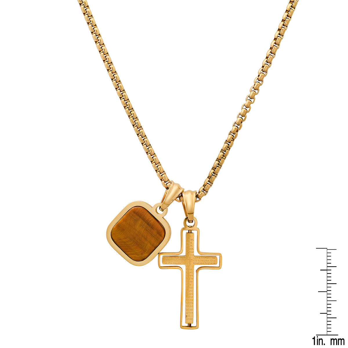 Black Ip Stainless Steel Lord'S Prayer Spinning Cross And Tiger Eye Dog Tag Pendants