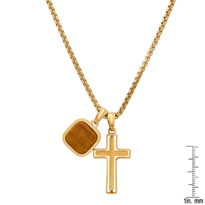 Black Ip Stainless Steel Lord'S Prayer Spinning Cross And Tiger Eye Dog Tag Pendants