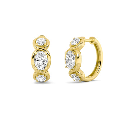 2.5Cttw Oval Shaped Lab Grown Diamond (F/VS) ThreeStone Huggie Earrings in 14K Gold