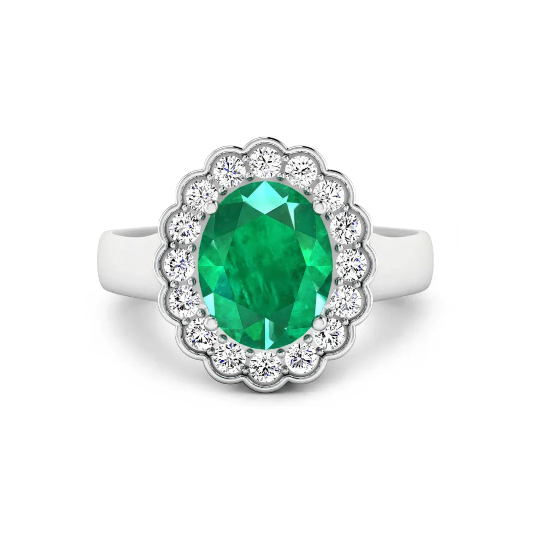 2.51 Ct Oval Green Zambian Emerald and White Diamond Prong 14k Gold Floral Halo Ring