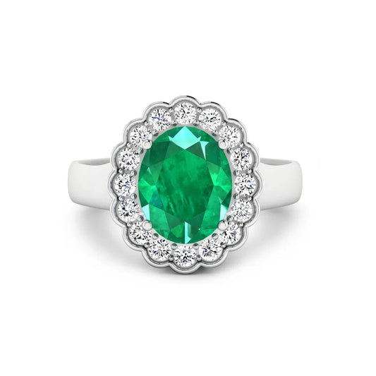 2.51 Ct Oval Green Zambian Emerald and White Diamond Prong 14k Gold Floral Halo Ring