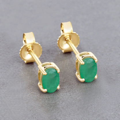 0.38 Ct Oval Green Zambian Emerald Prong 10K Gold Stud Earrings