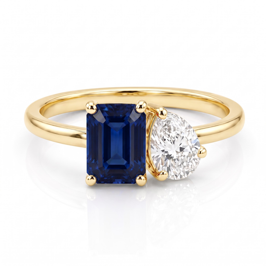 2.60 Cttw Octagon Emerald, Ruby, Sapphire and Lab Diamond 14K Yellow Gold Toi et Moi Ring