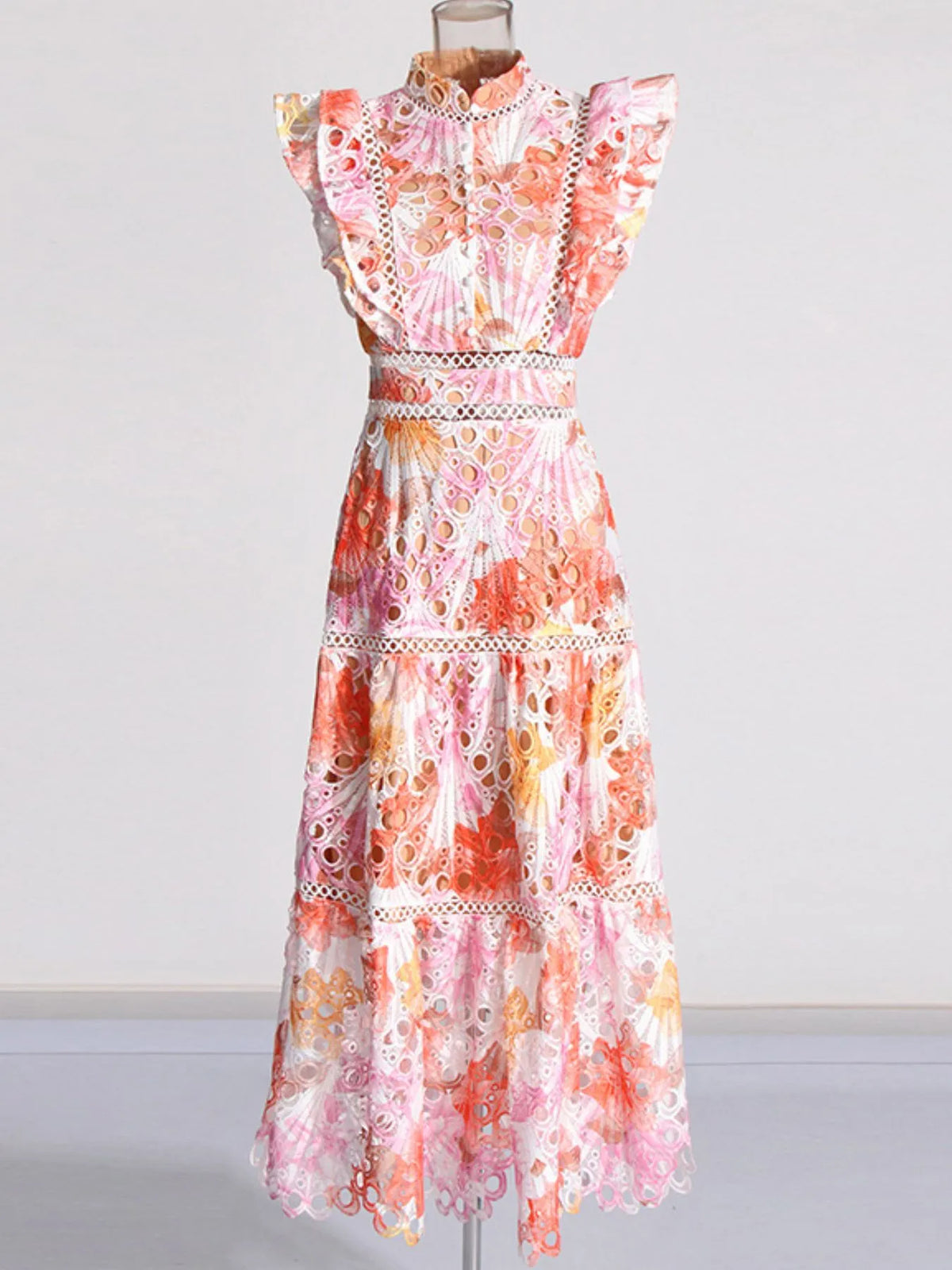 Ruffled Hollow Out Tiered Midi Dress