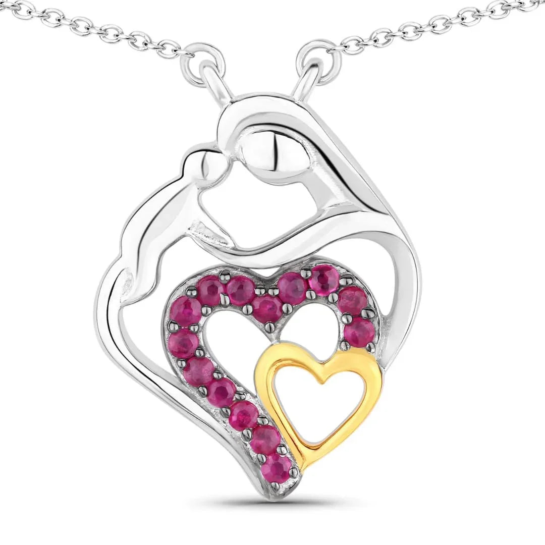 Round Pink Ruby Prong Silver Double Heart Pendant Necklace