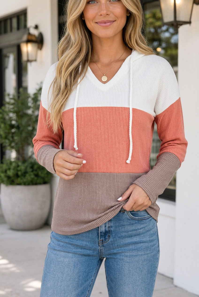 Alexandra Colorblock Hooded Pullover Long Sleeve Top - L - 12/14 / Gold Flame